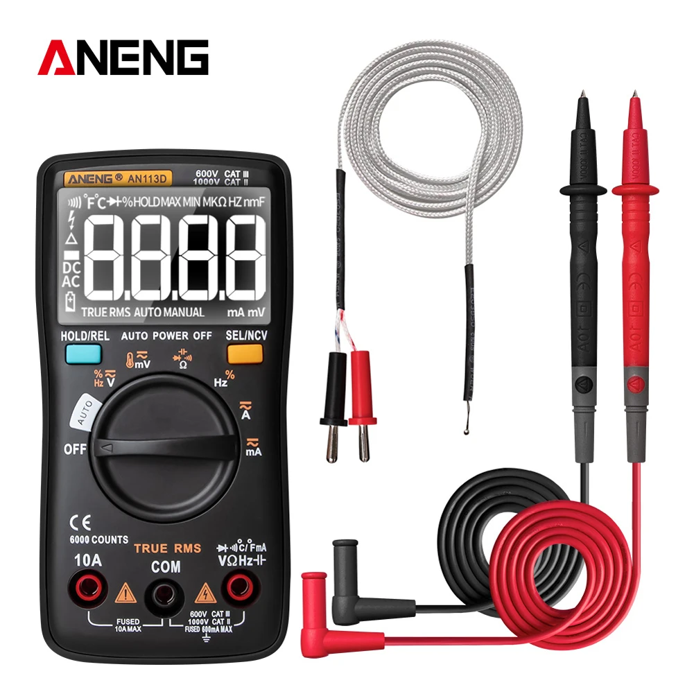 

AN113D Digital Multimeter 6000 Counts Electrical Transistor Tester Temperature Auto Ranging AC/DC Voltage Meter for Electrician