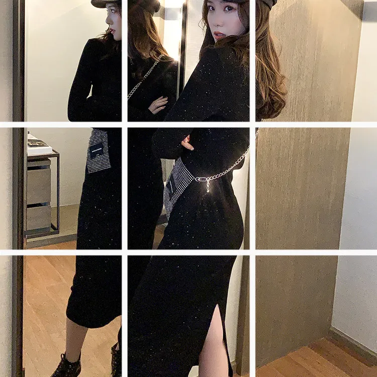 

Autumn 2019 New Style Shiny Black And White with Pattern Slim Dress Mid-length over-the-Knee Back Slit Long Sleeve Base Skirt Wi