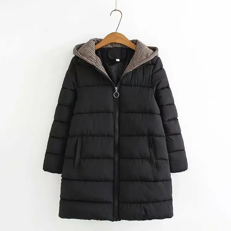 Зимние женские парки Пальто повседневные куртки с капюшоном и длинным рукавом зимняя новая теплая однотонная на молнии размера плюс длинная верхняя одежда - Цвет: Черный