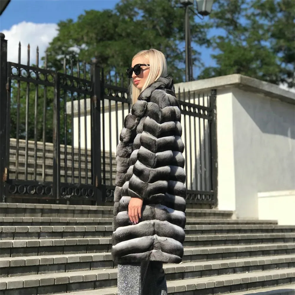 Natural Rex Rabbit Fur Coat Full Pelt Women's Winter Outwear High Quality Long Genuine Rex Rabbit Fur Coats Chinchilla Color