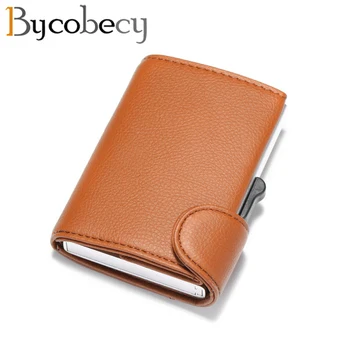 

BYCOBECY Anti Rfid Credit Card Holder Case Men slide Leather id Card Holder Bank Aluminium Metal Wallet Creditcard Bag popwallet