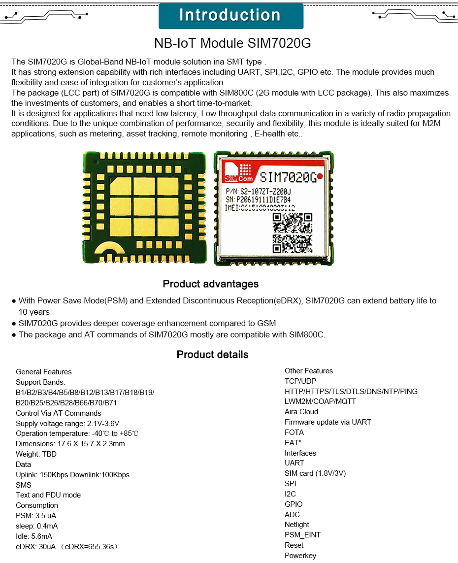 SIMCOM SIM7020G модуль NB-IoT в глобальной полосе