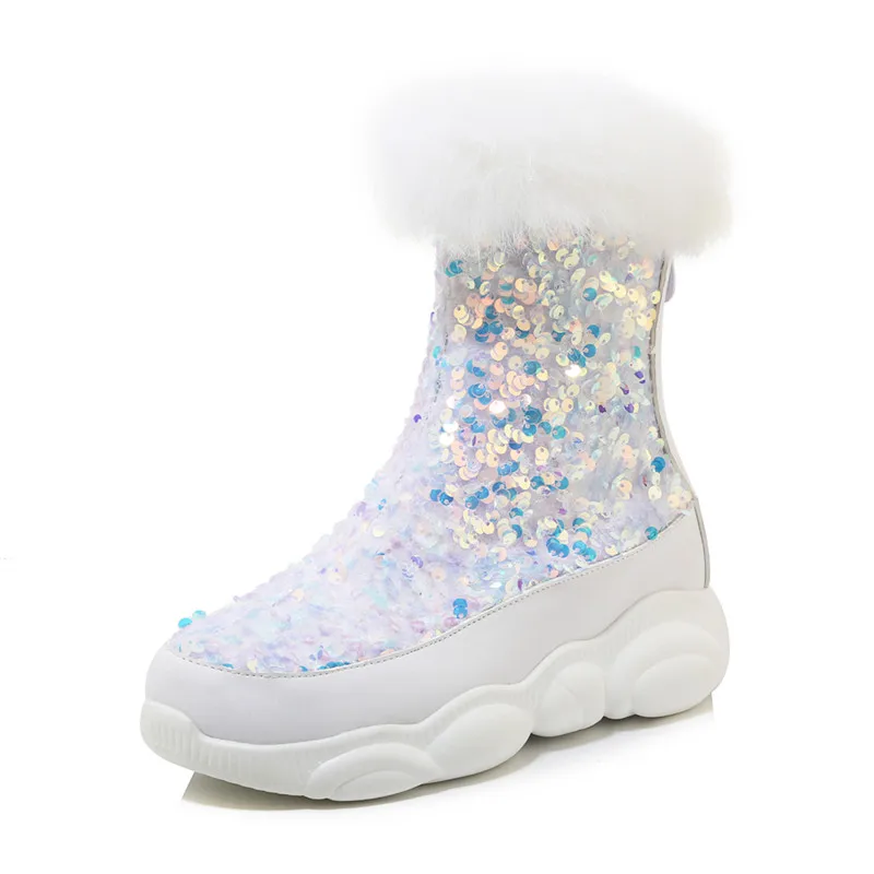 MORAZORA/ Большие размеры 33–46 зимние теплые зимние ботинки 3 вида цветов с квадратным носком; женская обувь; удобные ботильоны на плоской подошве - Цвет: Белый