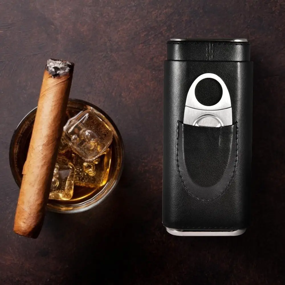 

3 Tube Cigar Case Humidor Accessories Two-end Metal Surface Leather Pocket Travel Cigar Humidor Pocket Cigas Storage Cigar Tools