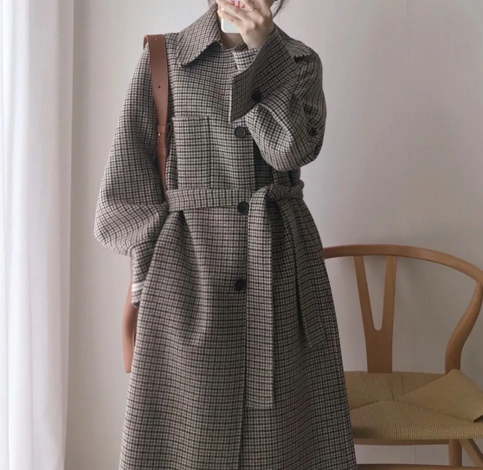 Корейское винтажное клетчатое женское длинное шерстяное пальто с поясом с длинным рукавом с отложным воротником пальто плюс размер пальто Femme элегантное