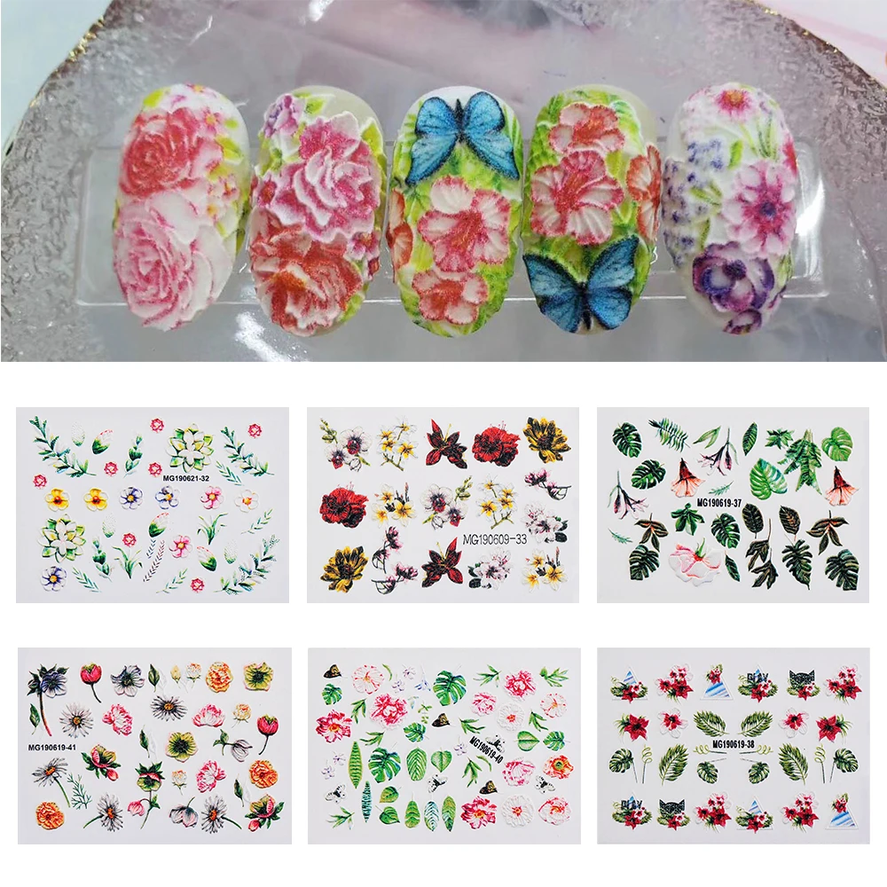 

1 sheet 6D Acrylic Engraved Flower Nail Sticker Embossed Flower Water Decals Empaistic Nail Water Slide Decals Manicure Nails