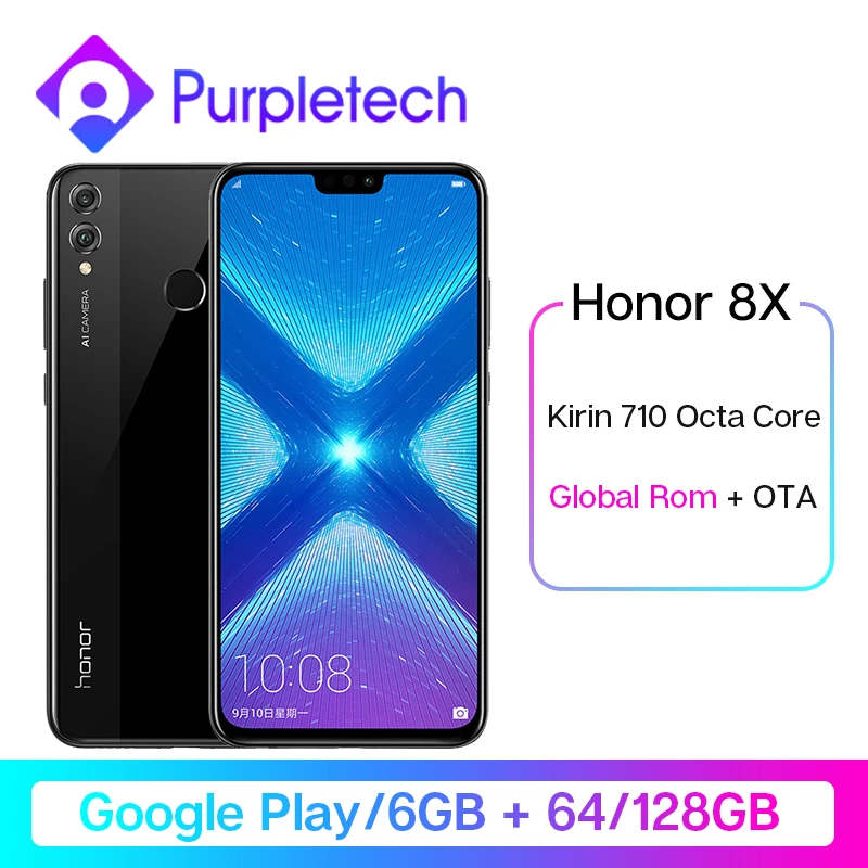 Смартфон Honor 8X8 X с глобальной прошивкой, 6 ГБ ОЗУ, 64 ГБ/128 ГБ, процессор Goolge Play Kirin 710, четыре ядра, 6,5 дюйма, 20 МП, двойная задняя камера, мобильный телефон OTA