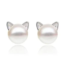 Pendientes lindos de La Oreja de la señora 925 pendientes de la perla de la concha de la forma del gato de plata joyería elegante de las mujeres de la manera del pendiente del regalo de las mujeres(China)