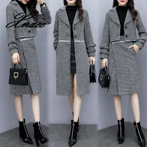 

Xnxee Autumn 2 Pcs Set Women Skirt Sets Winter Overcoat Two Piece Set Ensemble Pieces Coat Famle 3XL