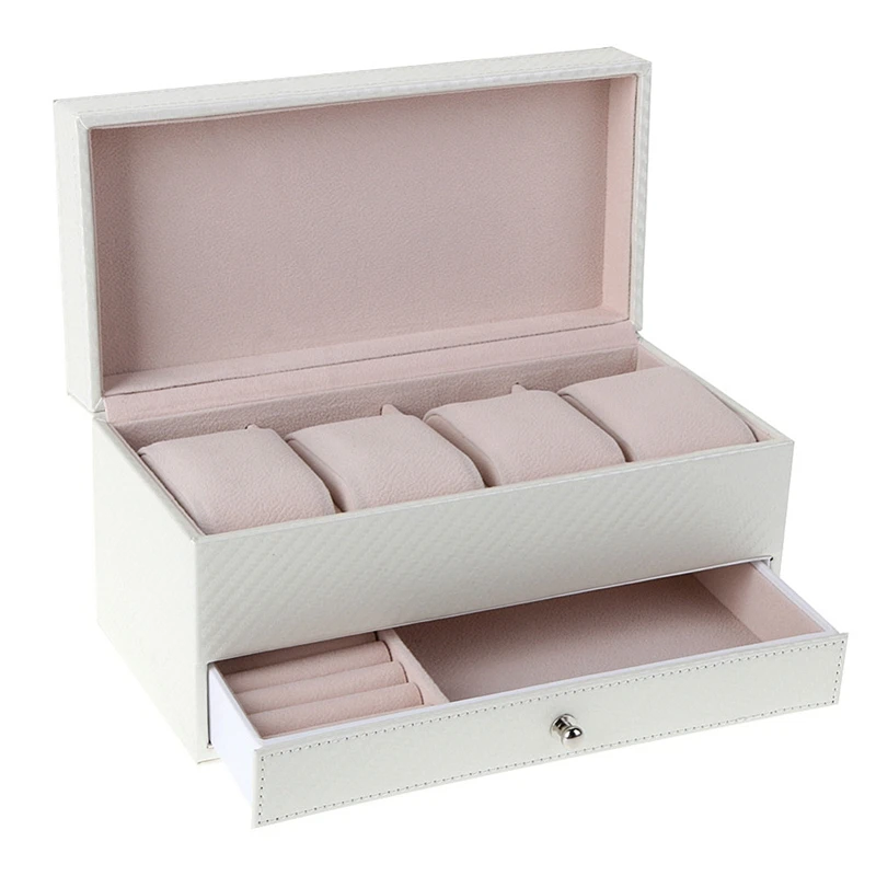 

New 4 Compartment Watch Storage Box Drawer Jewelry Storage Display Leather Square Jewelry Box, White