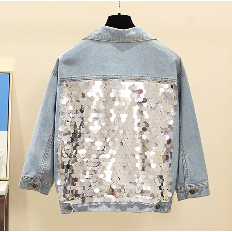 Короткие джинсовые куртки размера плюс, Harajuku, с блестками сзади, 3Xl, 4Xl, Женский светильник, синий, рукав три четверти, куртки-бомберы, джинсы для мам