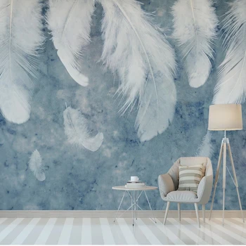 

Custom Mural Wallpaper Nordic Beautiful Blue Watercolor Feathers Fresco Art Wall Painting Living Room Bedroom TV Backdrop Decor