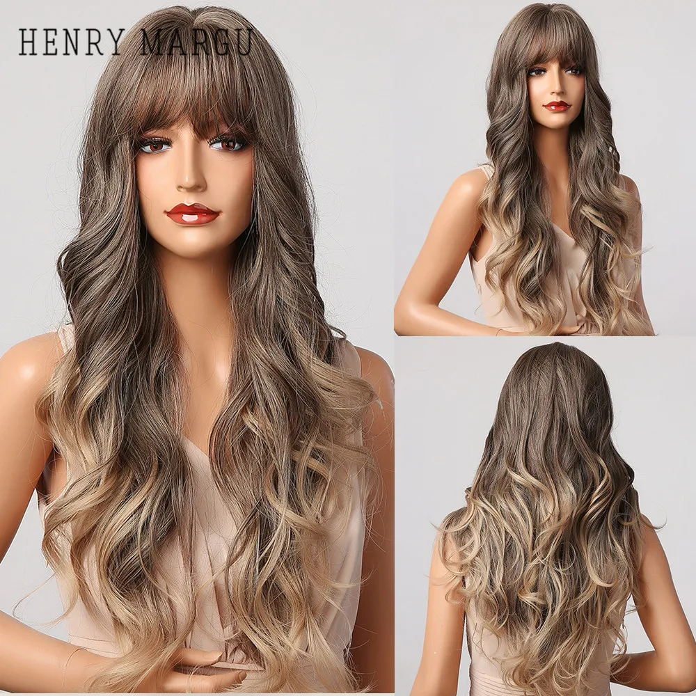 

HENRY MARGU Long Brown Ombre Synthetic Wigs With Bangs Natural Deep Wave Wigs For Women Heat Resistant Party Cosplay Wigs