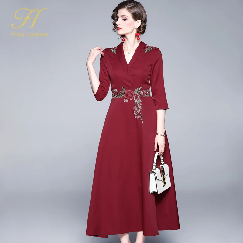 Red wine H Han Queen New Runway V-neck Long Dress Women Autumn Winter Ankle-length Embroidery A-line Dresses Slim Evening Party Vestido - Цвет: Red wine