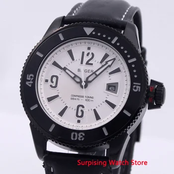 

Bliger 43mm Automatic Mechanical Watch Men Luxury Brand Luminous Waterproof PVD Case Leather Strap Calendar Wristwatches Men