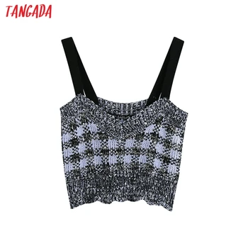 

Tangada Women 2020 Blue Plaid Pattern Cropped Knitted Tank Top Vintage Backless Wide Straps Female Camis Chic Tops BE163