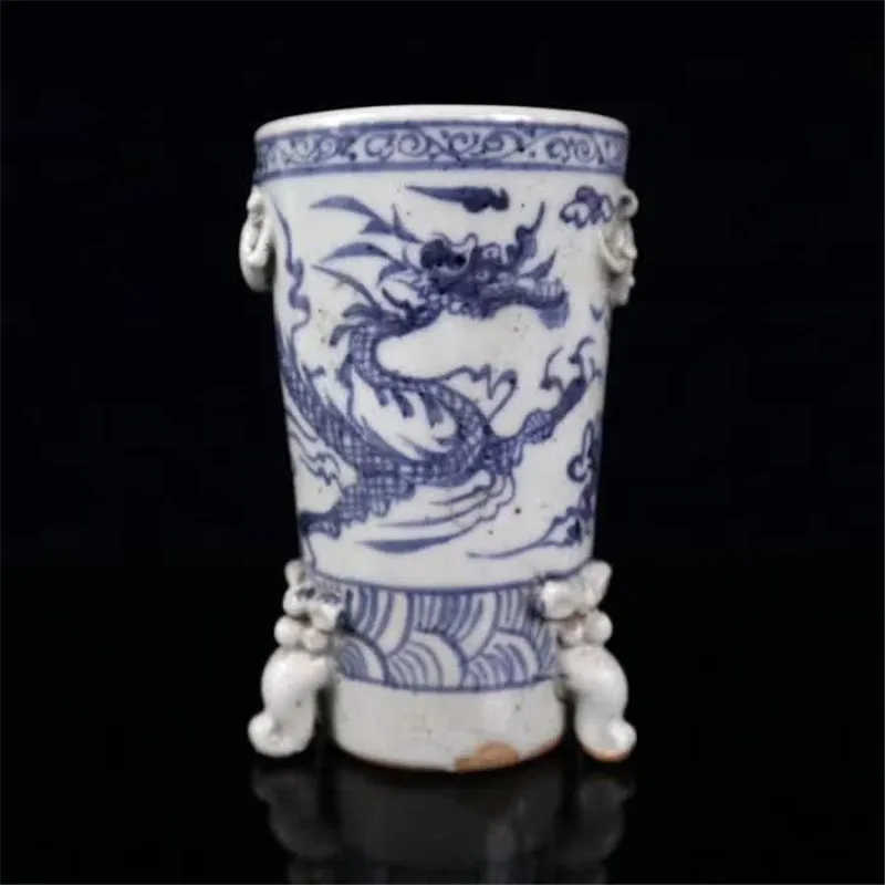 

Сине-белый фарфоровый круглый контейнер для ручек Jingdezhen с рисунком зодиака дракона, трехфутовый контейнер для ручек с двойными ушками