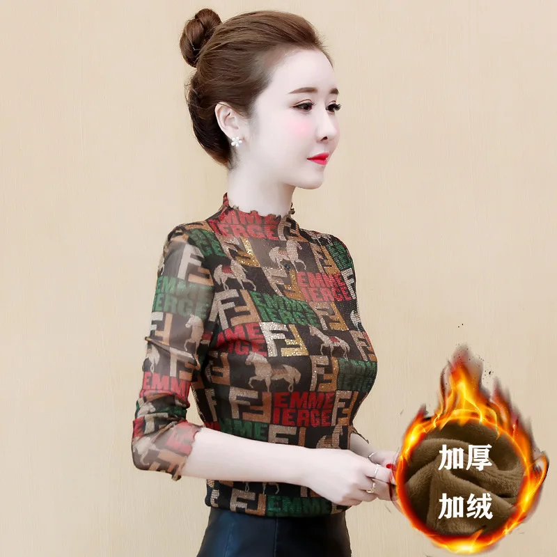 

Plus Velvet Half-Turtle-Neck Bright Gold Lines Base Shirt WOMEN'S Dress Autumn And Winter 2019 New Style Fashion Long Sleeve on