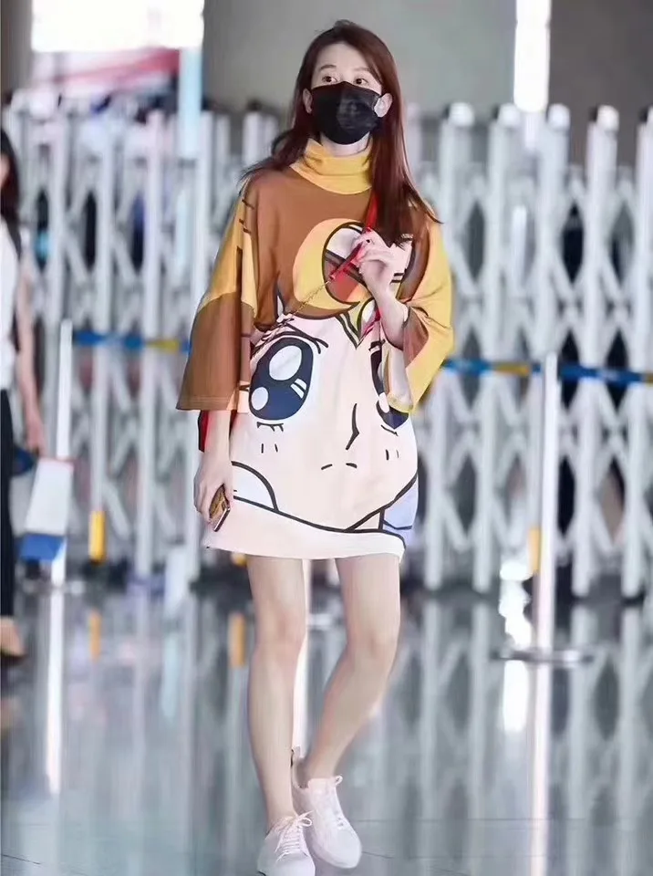 

Qiao xin Celebrity Style Autumn 2019 High Collar Pretty Girl Printed Loose-Fit Slimming Cotton Dress