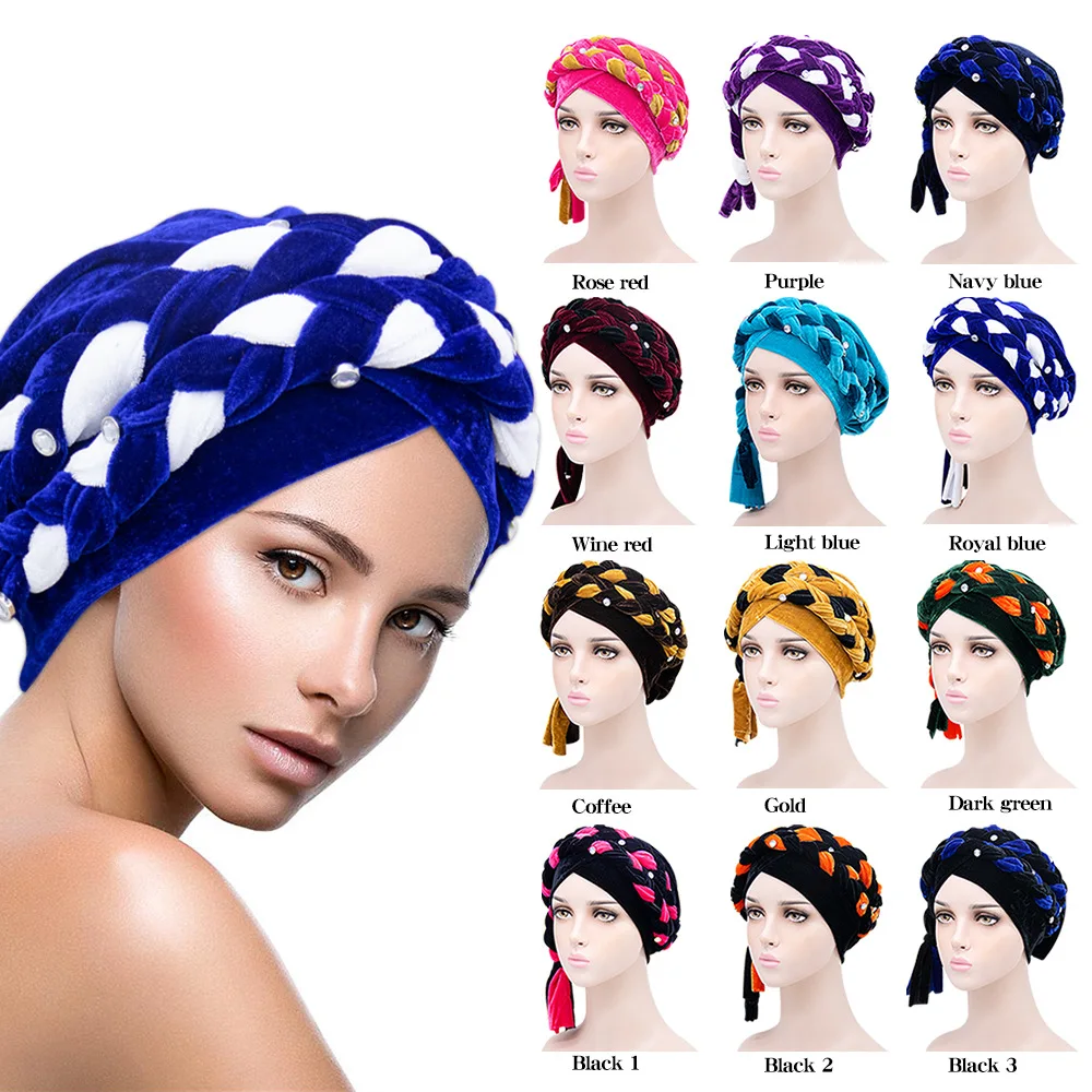 

Muslim Women Hemp Braid Cross Velvet Bead Braid Turban Hat Scarf Cancer Chemo Beanies Cap Hijab Headwear Headwrap Accessories