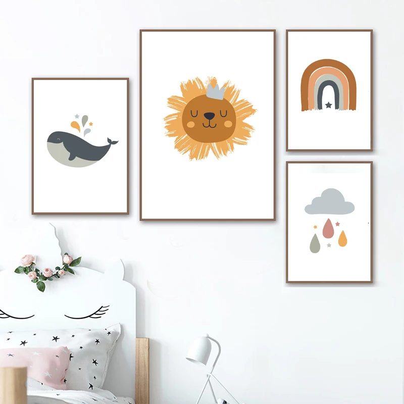 Modern-Boho-Earthy-Nursery-Wall-Art-Canvas-Painting-Neutral-Rainbow-Sun-Lion-Cartoon-Nordic-Posters-and