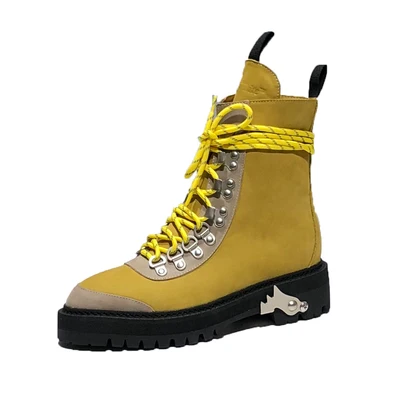 Новинка; женские ботинки для альпинизма на платформе из натуральной кожи; ботинки в байкерском стиле на толстой подошве с перекрестной шнуровкой и металлическим декором; женские Ботинки martin - Цвет: yellow