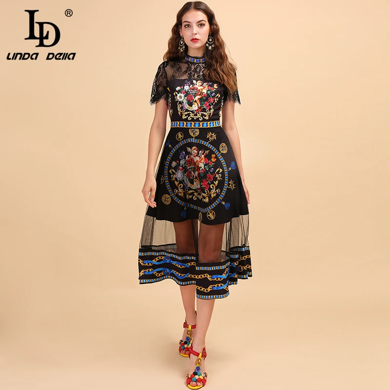 LD LINDA DELLA Fashion Runway Zomer Midi Jurk vrouwen Kant Borduurwerk Angel Gedrukt Mesh Splice Elegante Vintage Jurken 2019 LD LINDA DELLA Fashion Runway Zomer Midi Jurk vrouwen Kant Borduurwerk Angel Gedrukt Mesh Splice Elegante Vintage Jurken 2019
