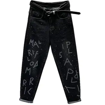 

2020 autumn winter fashion high waist hot drilling loose jeans women casual straight cowboy harem pants plus size 26-31