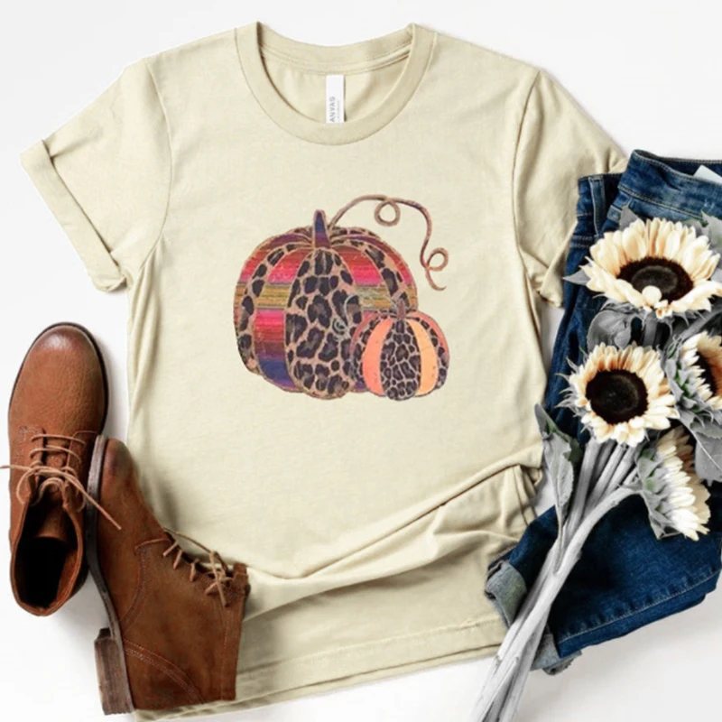 

Thanksgiving Pumpkin Tshirt Leopard Print Graphic Tees Women Vintage Korean Clothes Thankful Plus Size Woman Tops Streetwear