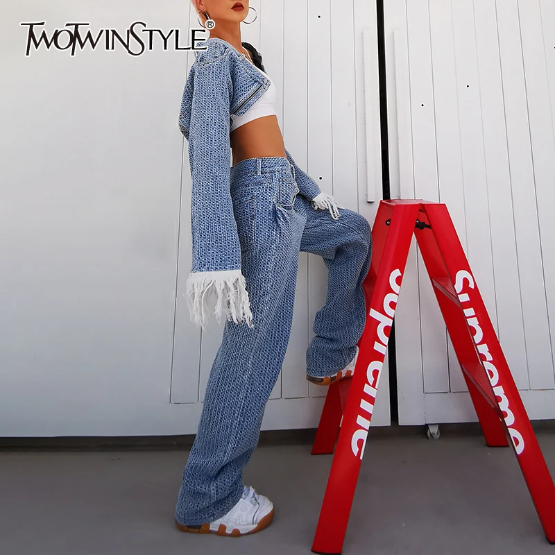 

TWOTWINSTYLE Denim Two Piece Set For Women Long Sleeve Tassel Tops High Waist Wide Leg Pants Streetwear Sets Female 2020 Autumn