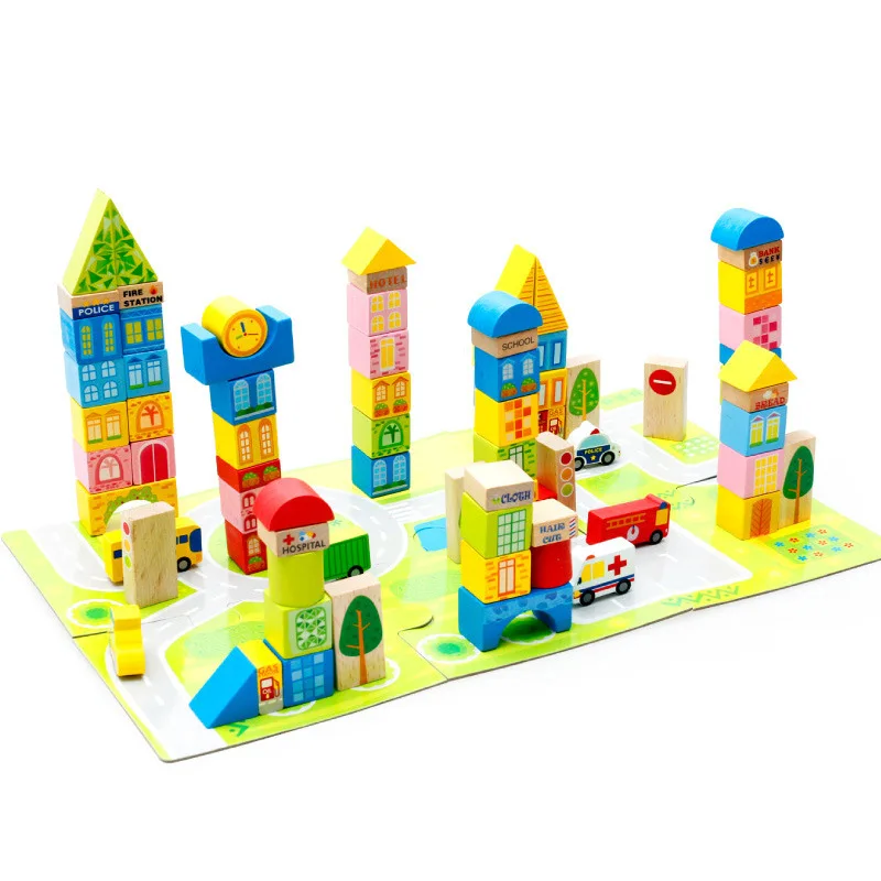 

Children Building Blocks Toy 100 Tablets Barrel City Traffic Scene Large Pieces Building Blocks Wooden Toy