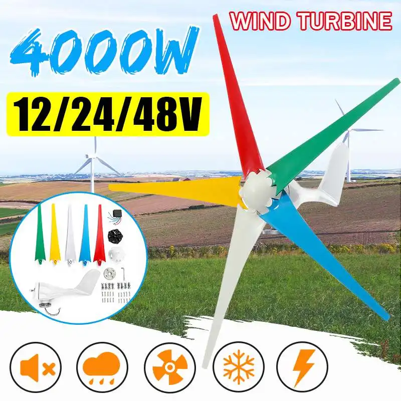 

4000W AC Permanent Wind Turbines Generator 12/24/48V 5-Nylon Blades Household Power Generator w/Controller for Solar Streetlight