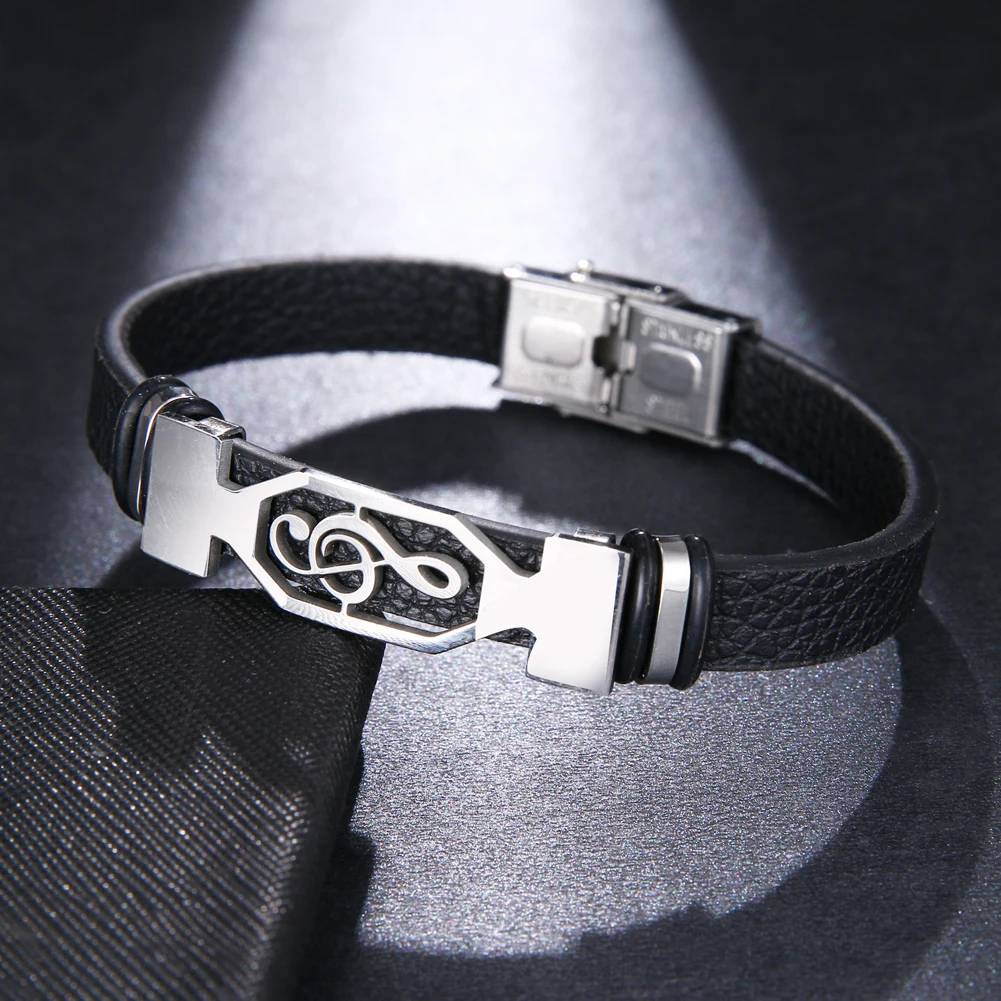 Trend Glamour Jewelry Classical Stainless Steel Music Symbol Bracelet Leather Cuff Bracelet Men And Women Pulsera Hombre bracelet jewelry