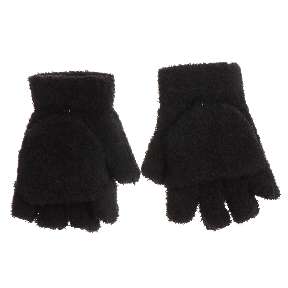 1 пара, зимние теплые перчатки с половинными пальцами, детские перчатки-варежки бархатные рукавички, Детские милые вязаные рукавицы двойного назначения