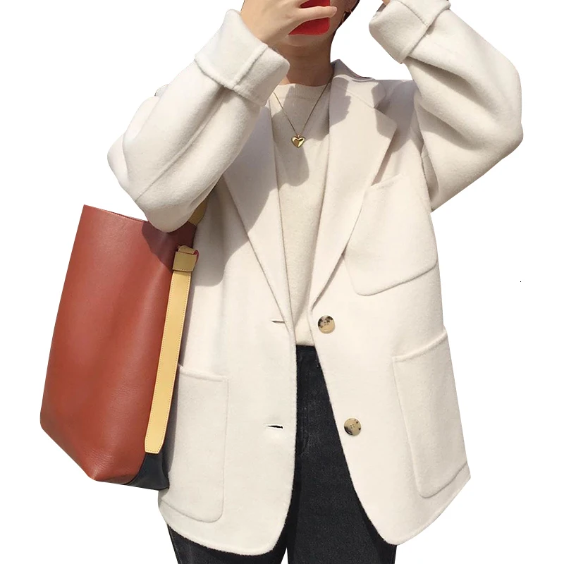 GALCAUR Korean Wool Coat For Female Lapel Collar Long Sleeve Pocket Oversize Casual Women's Coats Autumn Winter Fashion New
