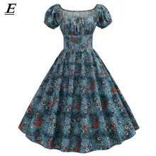Женское летнее платье с цветочным принтом,, квадратный воротник, короткий рукав, Ретро стиль, для женщин, 50 s, 60 s, винтажные платья, вечернее платье рокабилли, качели