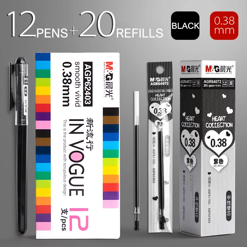 M&G 0.28mm/0.35mm/0.38mm 12pcs/box Ultra Fine point Gel Pen Black Blue Red ink refill gel pen school office supplies stationery 120pcs round kraft paper sticker 35mm handwriting blank circle sticker labels school stationery supplies