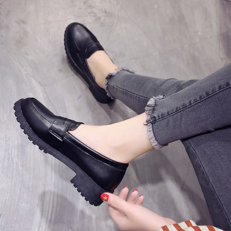 Autumn Women Shoes Female Oxfords Slip on Pu Leather Casual Shoes Woman Fashion Plus Size High Heels Platform Retro