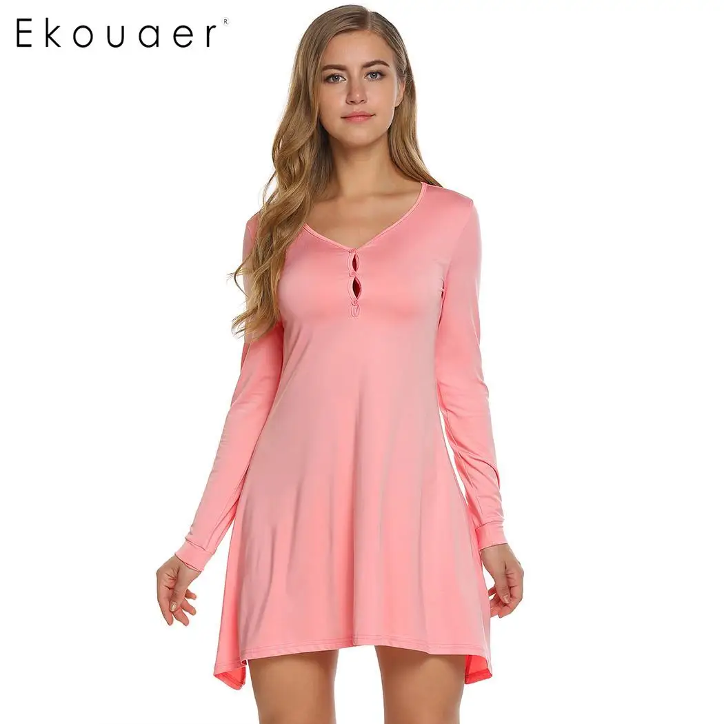 

Ekouaer Spring Dresses Women Fashion Cross V-Neck Long Sleeve Solid Button Slim A-Line Dress Plus Size S-3XL