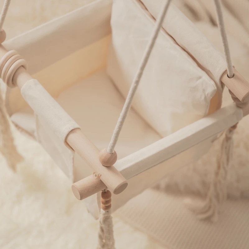 Baby Swing Canvas Children Wooden Hanging Chair Outdoor Nursery Toys Children Tassel Rocking Chair 2