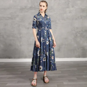 

European And American Women's 2020 Summer Dress, New Denim Print, Long Temperament, High Retro Tencel Denim Dress