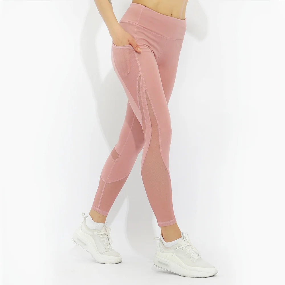 

High Waisted Sport Pants With Side Pockets Breathable Mesh Splice Gym Fitness Leggings Pink Sports Leggings For Women