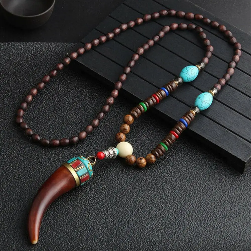 Unisex Handmade Long Necklace Nepal Buddhist Mala Wood Beads Pendant Peace Necklace Hippie Style Ethnic Men Women Lucky Jewelry 4