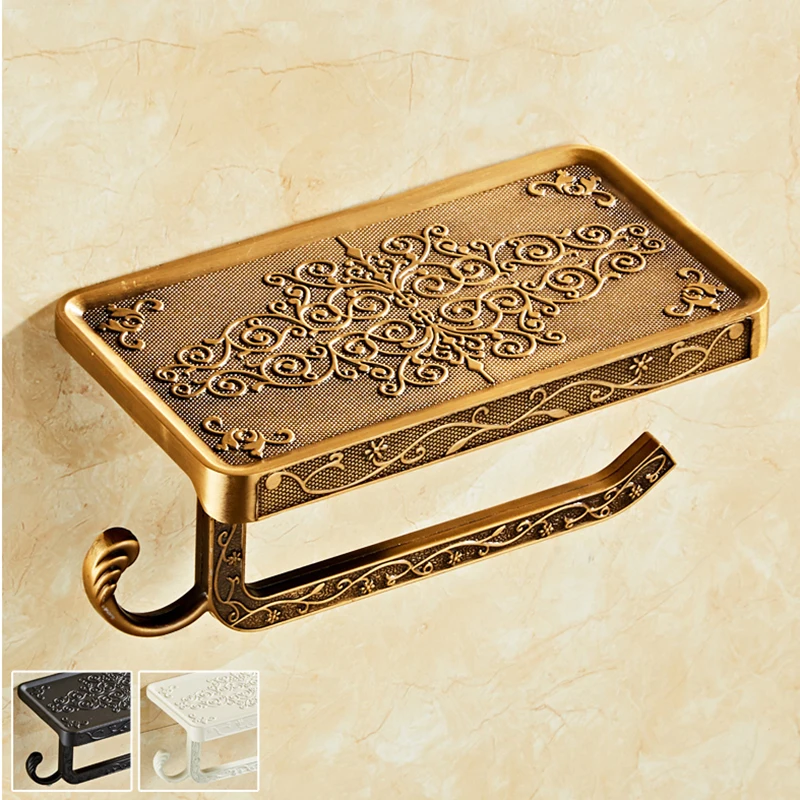 Antique Vintage Bronze Carving Bathroom With Phone Shelf Towel Roll Tissue Aluminum Rack Toilet Paper Holder Creative Wall Boxes