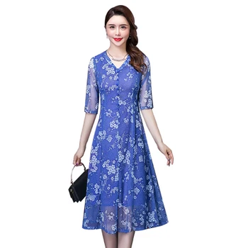 

2020 New Summer Chinese Retro Print Mom Dress V-neck Formal A-line Vestidos Elegantes Women Clothes Plus Size 5xl