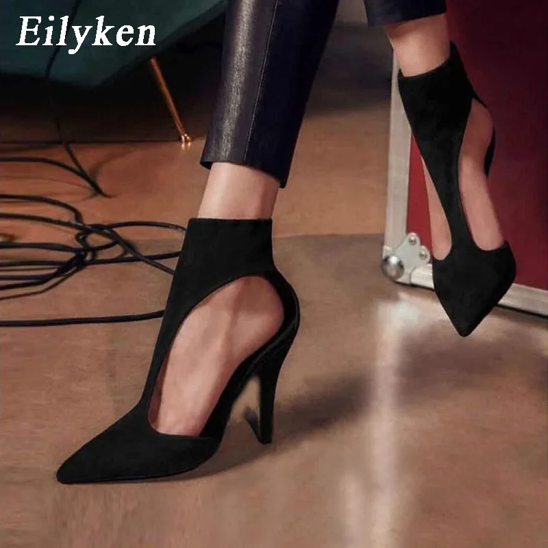 Eilyken; сезон весна-осень; новые модные туфли-гладиаторы; женские туфли на высоком каблуке с острым носком на молнии; пикантные женские туфли черного цвета с вырезами