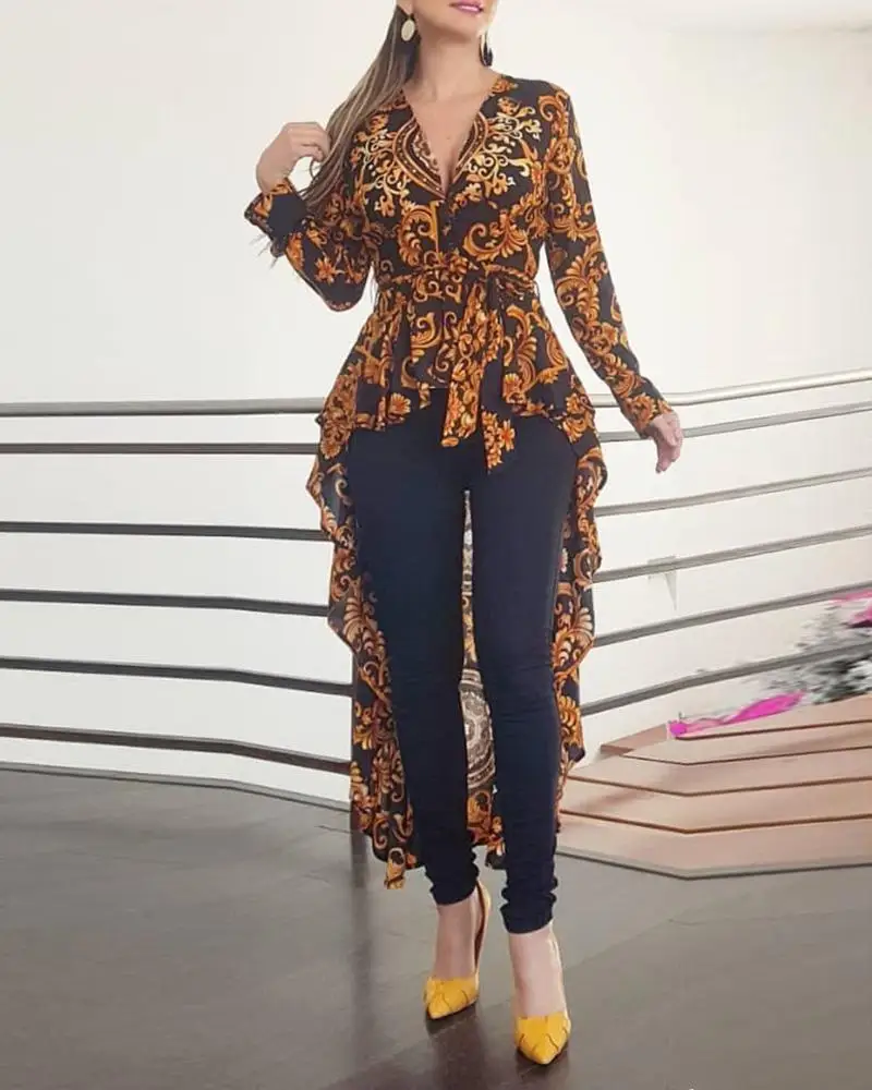 

2020 Women Stylish Asymmetrical V-Neck Top Casual Fashion Shirt Baroque Print Long Sleeve Dip Hem Blouse