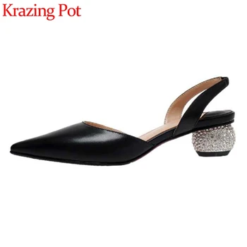 

Krazing pot limited customization full grain leather pointed toe strange high heels office lady elastic band sandals women L86