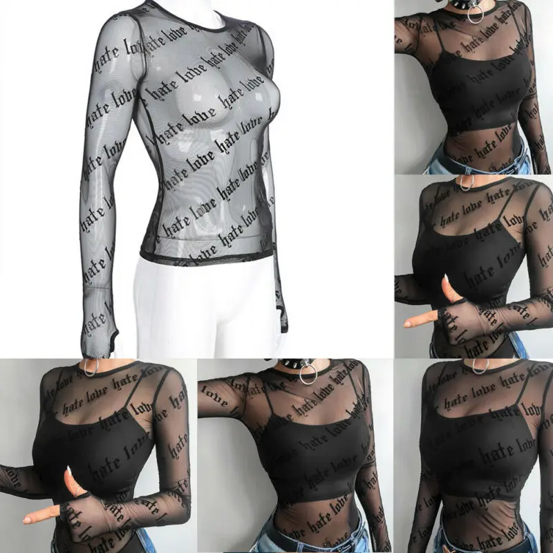 

Bikini Cover Up Women Mesh Sheer See-through Long Sleeve Sexy Tops Black print T-Shirt Blouse