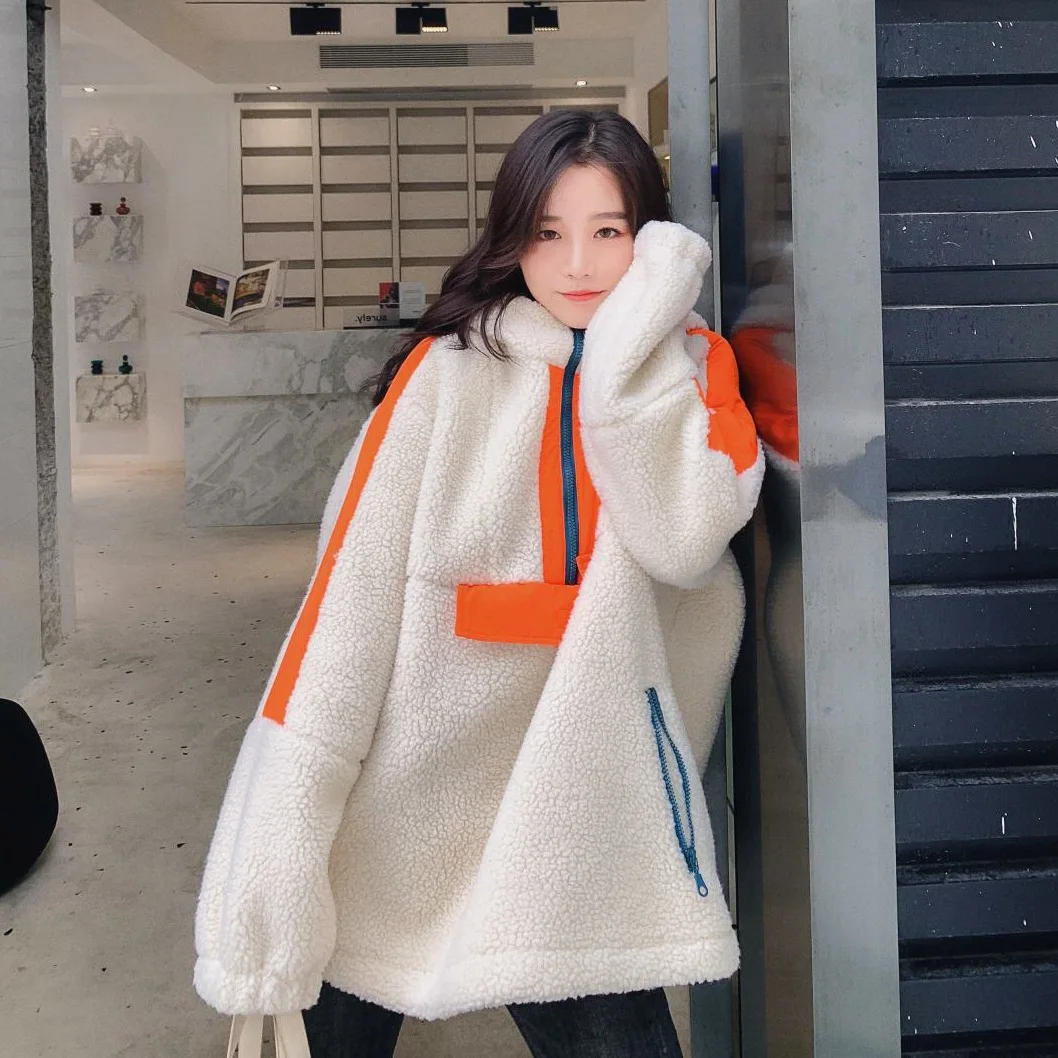 

Photo Shoot CHIC Contrast Color Joint Mid-length Hooded Pullover BF Laziness Loose-Fit Lamb Plush Hoodie Coat Women's Autumn